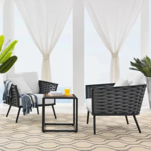 Outdoor Rope 3-Piece Patio Set With Wooden Top Table