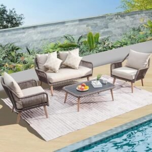 4 Seater Sofa Outdoor Conversation Patio Garden Rope Furniture Set with Cushion and Center Table